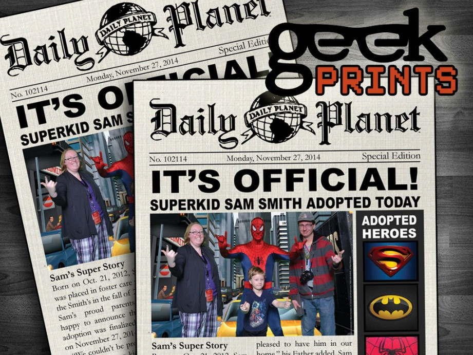 Adopted Super Hero Newspaper Printable Invitation