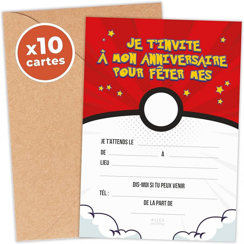 aliceandberry  Birthday Invitations for Boys and Girls - Pokemon Model -  Pack of  with Kraft Envelopes