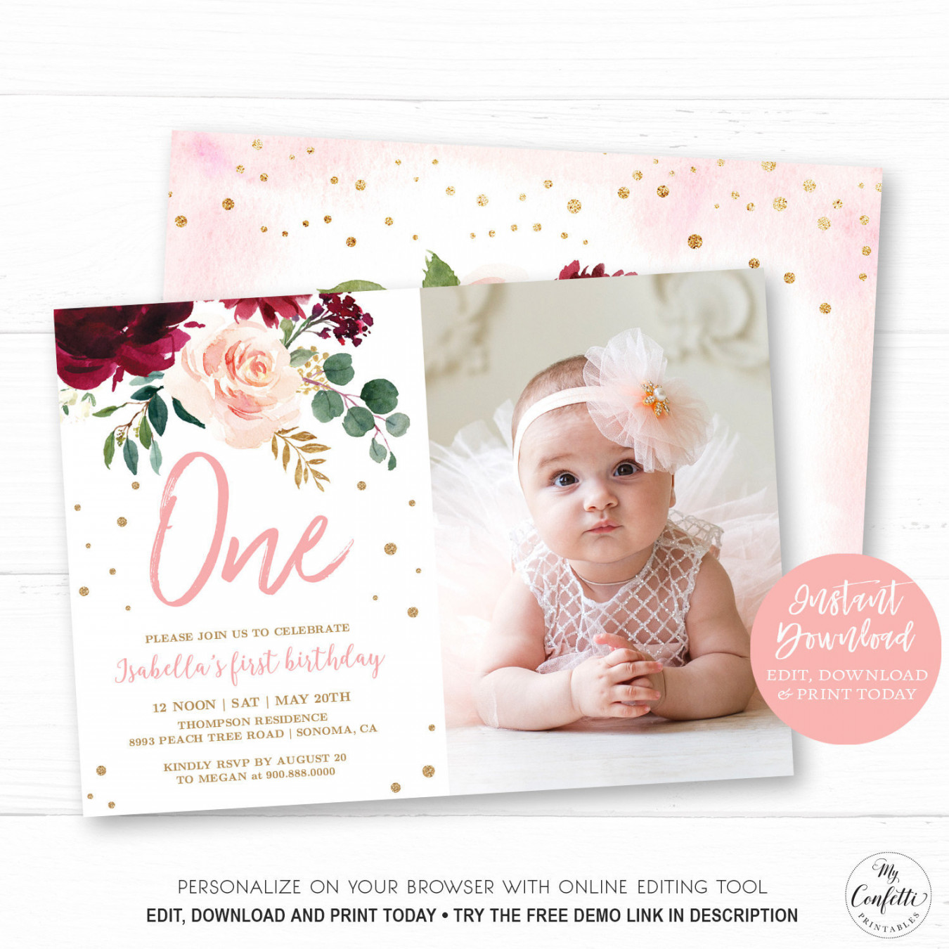 Baby Girl First Birthday Invitation Editable Photo Birthday - Etsy