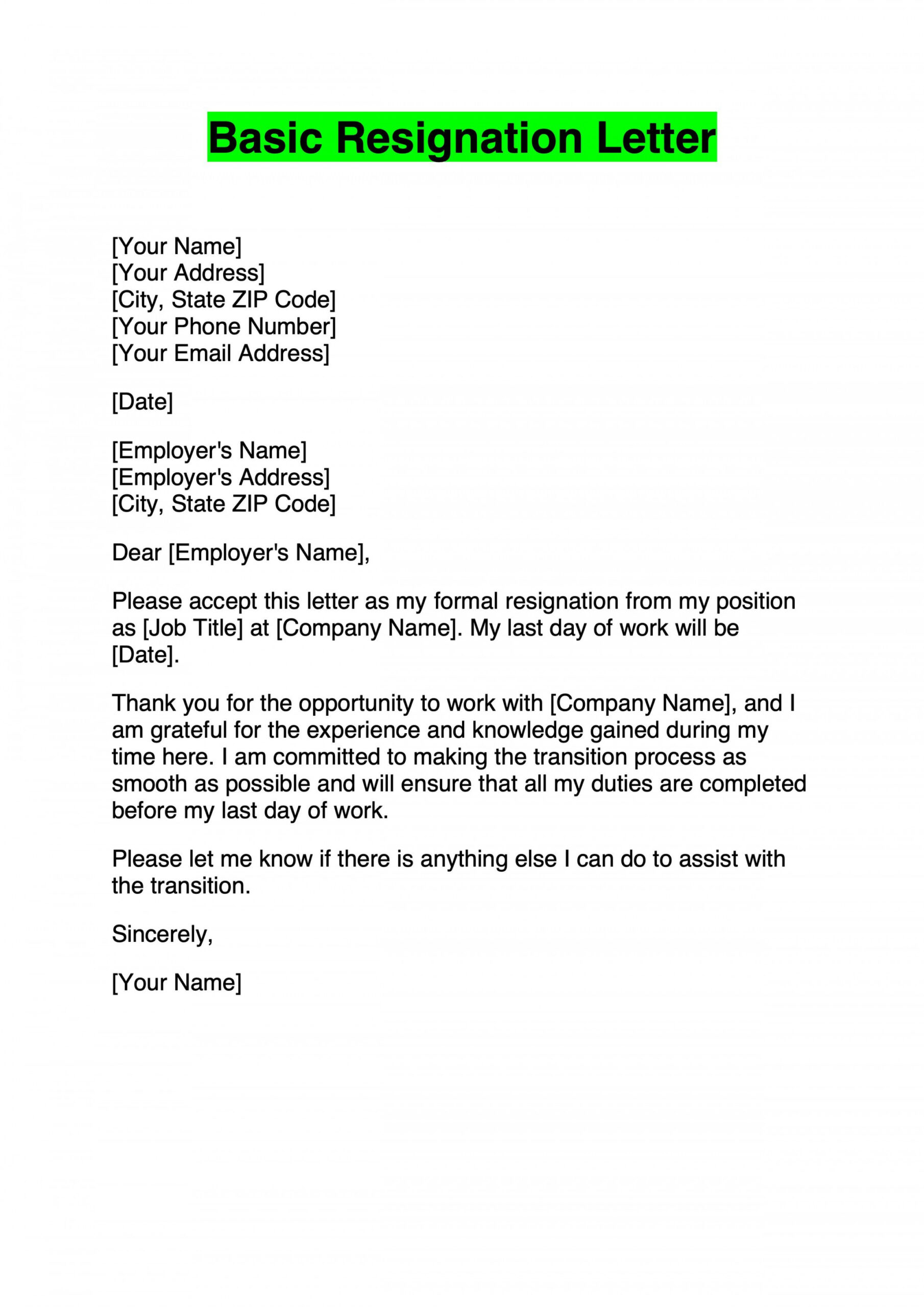 Basic Resignation Letter Template in   Resignation letter