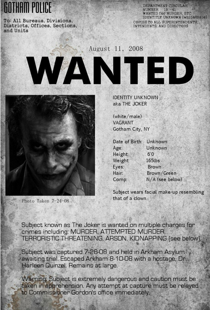 Batman The Dark Knight Joker Gotham Police Wanted Poster