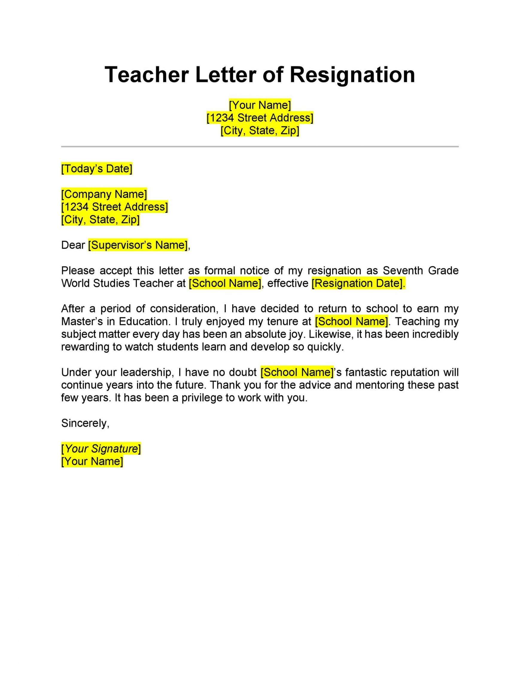 BEST Teacher Resignation Letters (MS Word) ᐅ TemplateLab