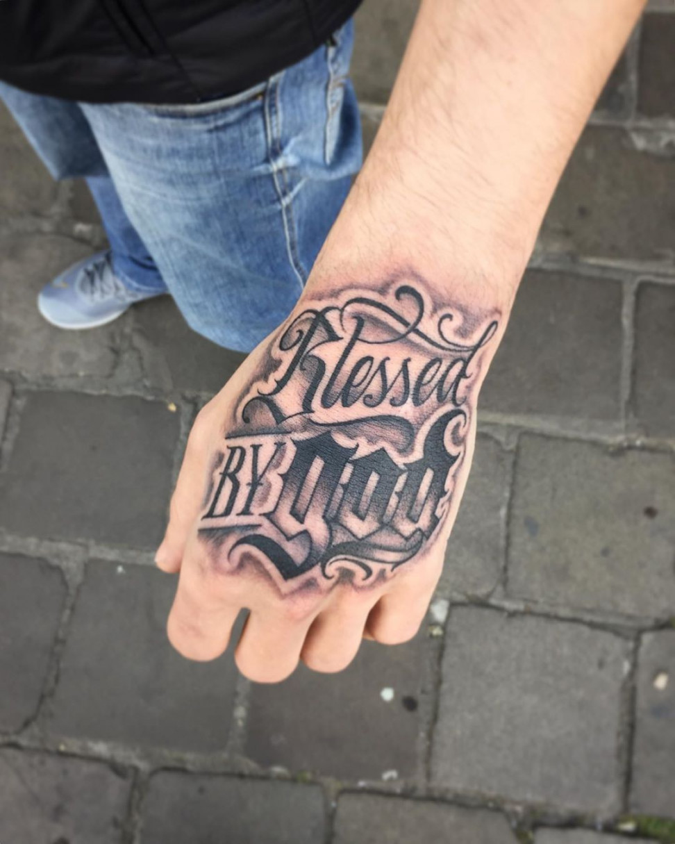 Blessed  Cool forearm tattoos, Tattoo lettering styles, Hand