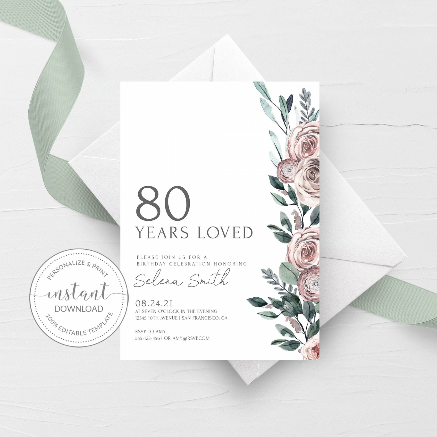 Boho Rose th Birthday Invitation Template, Printable  Years Loved Party  Invite, Editable INSTANT DOWNLOAD - BR