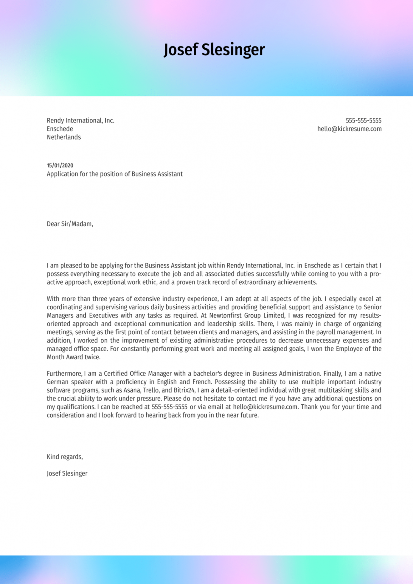 Business Assistant Cover Letter Example  Kickresume