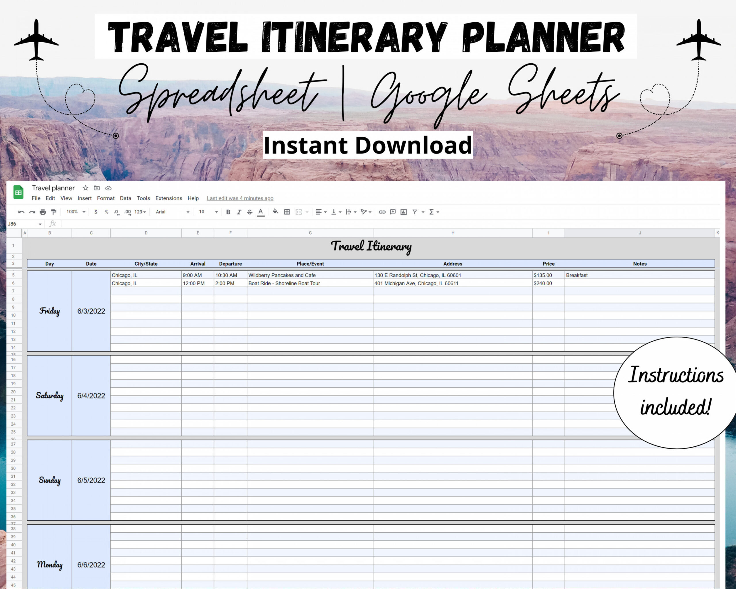 Buy Travel Itinerary Template Google Sheets Vacation Planner