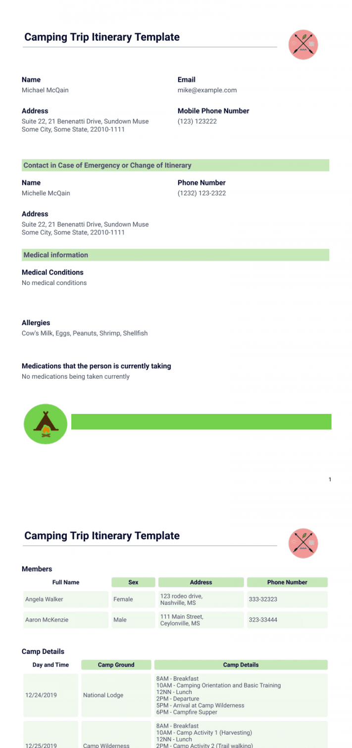 Camping Trip Itinerary Template - PDF Templates  Jotform