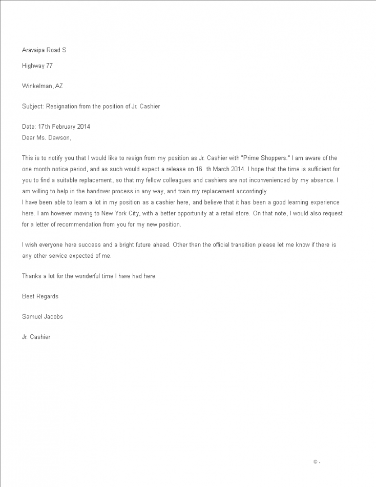 Cashier Resignation Letter Format - How to create a Cashier