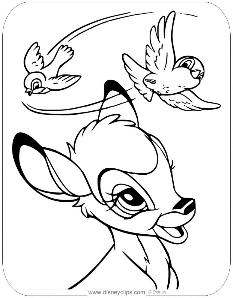 Coloring page of Bambi admiring a pair of birds flying overhead