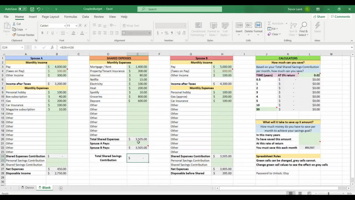 Couples Budget Spreadsheet with Monthly Shared & Personal Expense Tracker -  Savings Forecast Calculator and Formulas, Digital Download