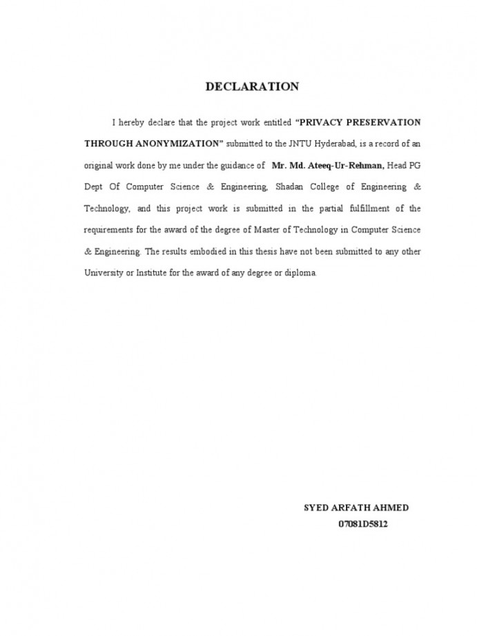 Declaration Format For Project Report  PDF  Academic Degree