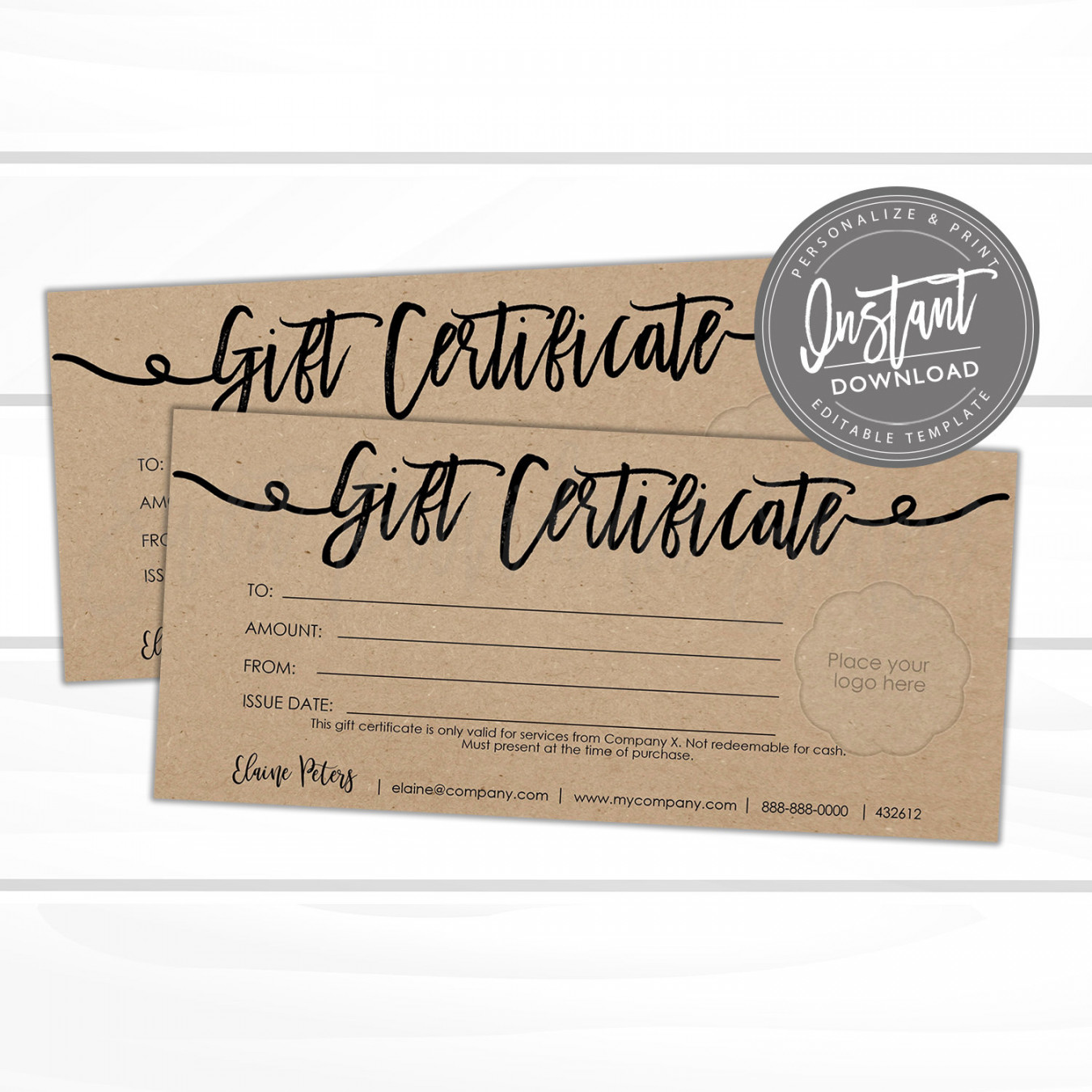 Editable Gift Certificate Printable Kraft Gift Card ADD Your - Etsy