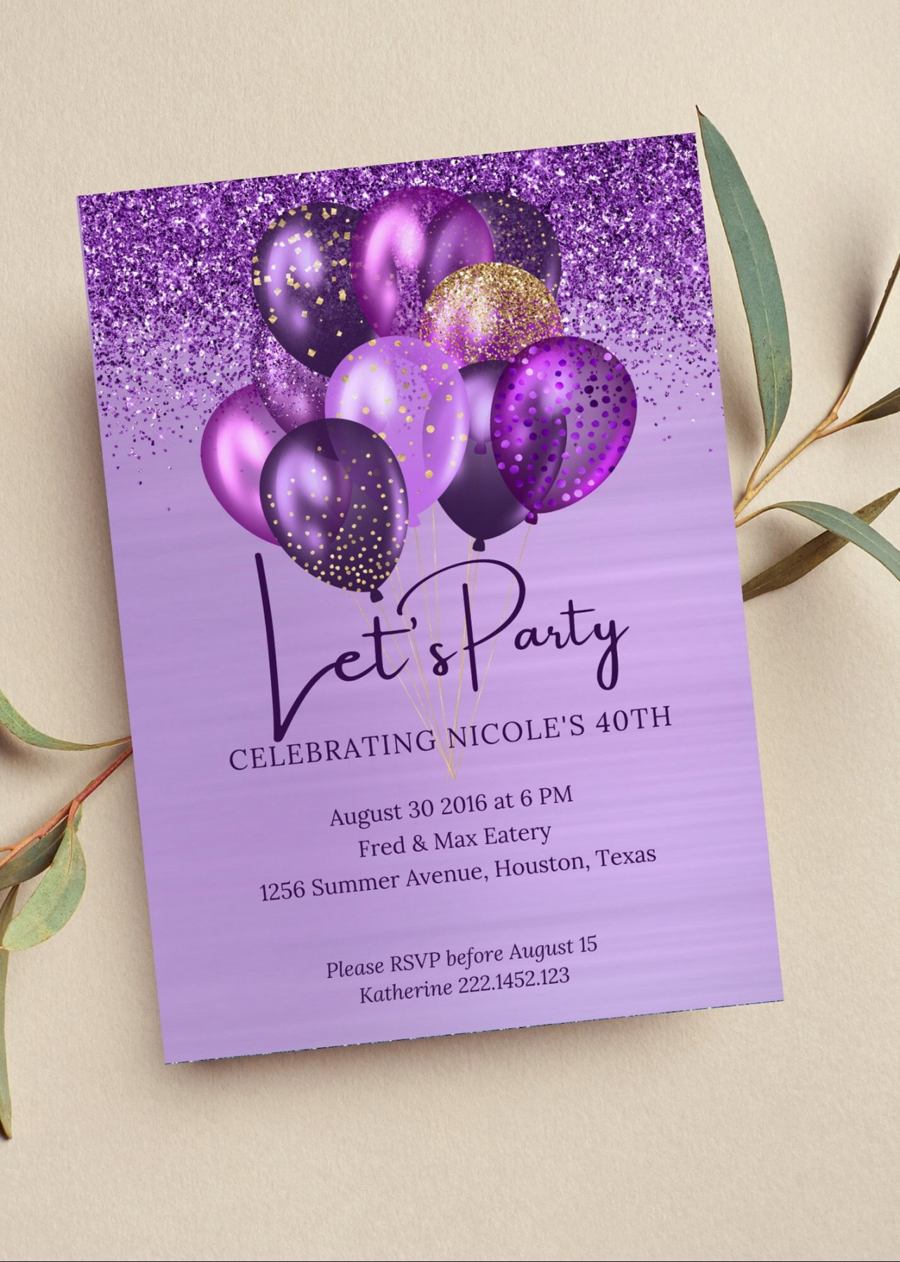 Editable Purple and Gold Birthday Invitation Let