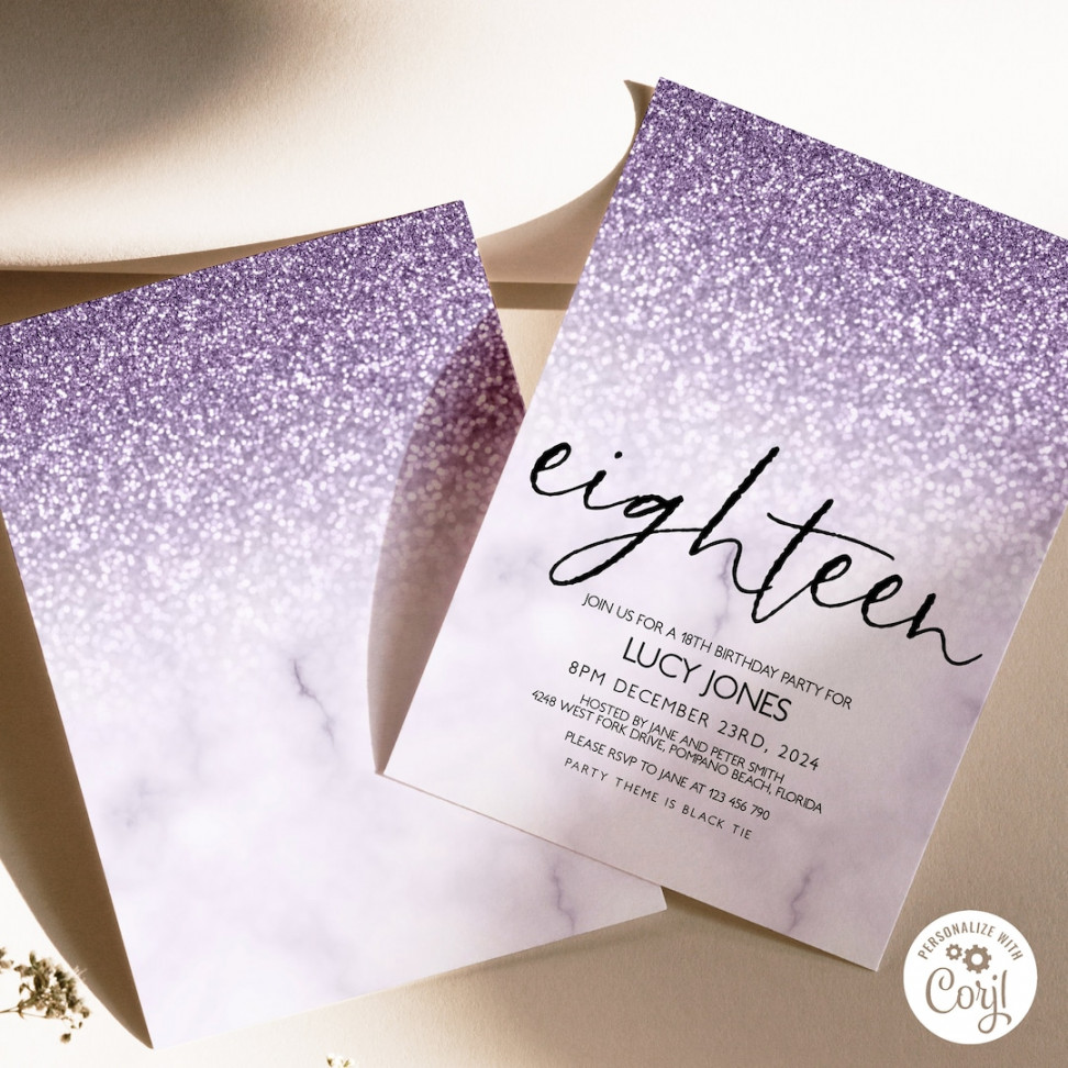 Editable th Birthday Party Invitation th Invite Lilac Glitter