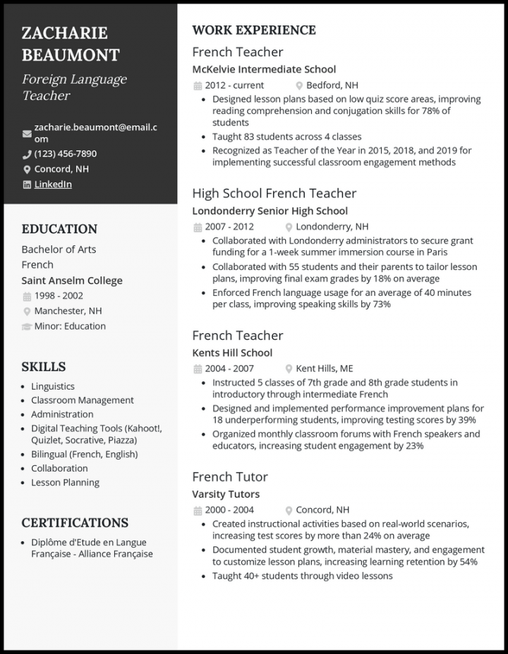 Foreign Language Teacher Resume Examples for 202