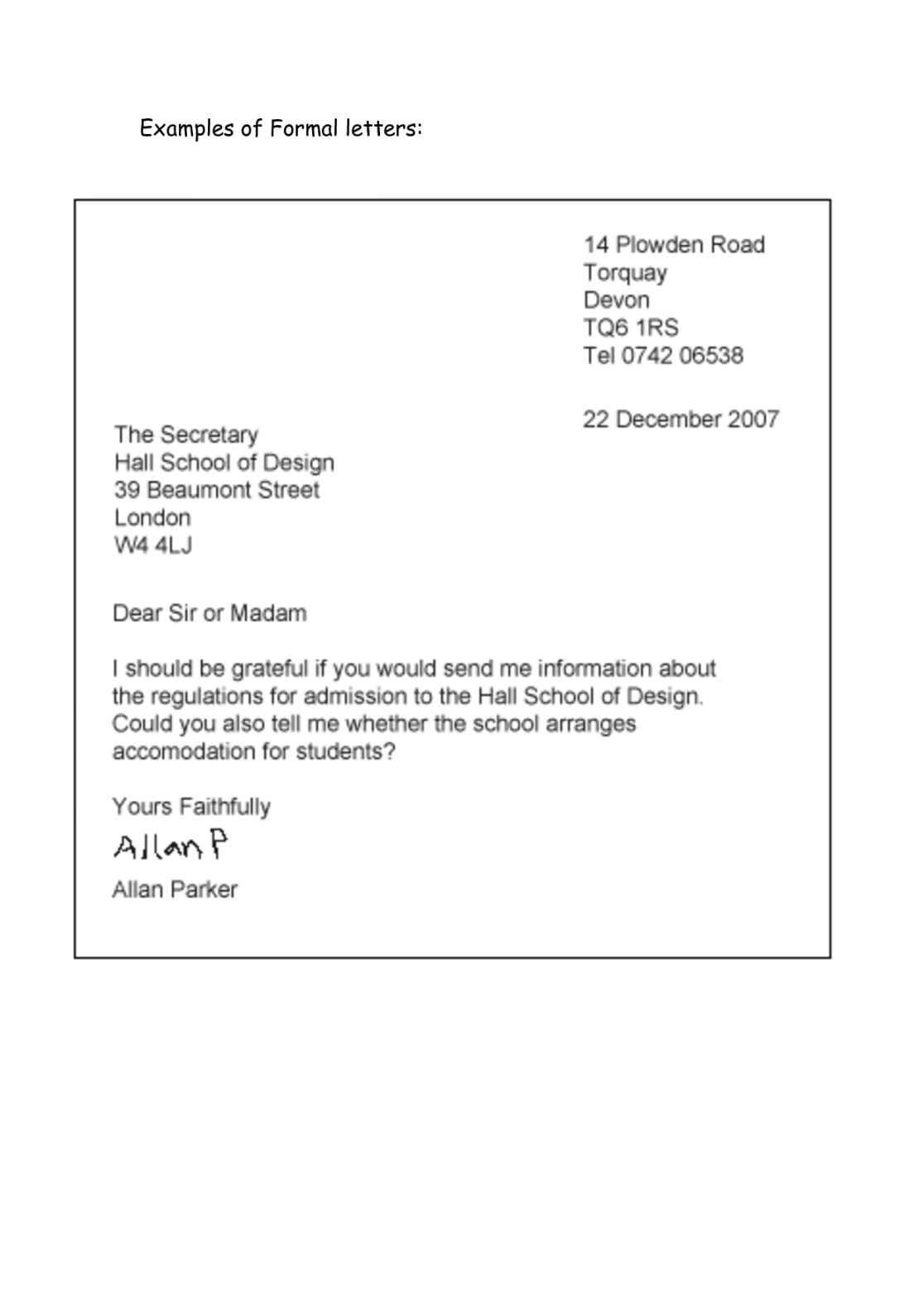 Formal letter example  Formal letter writing, Business letter