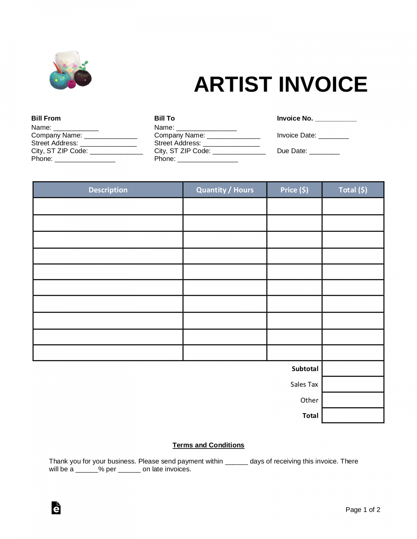 Free Artist Invoice Template - PDF  Word – eForms