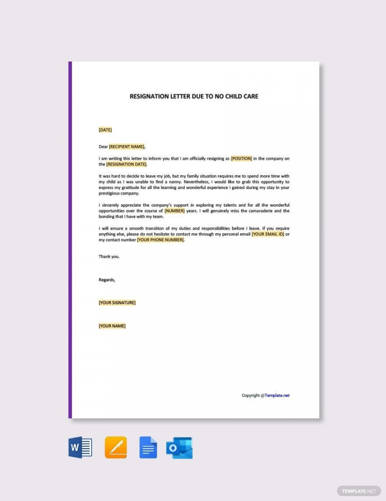 Free Resignation Letter Due to No Childcare - Download in Word