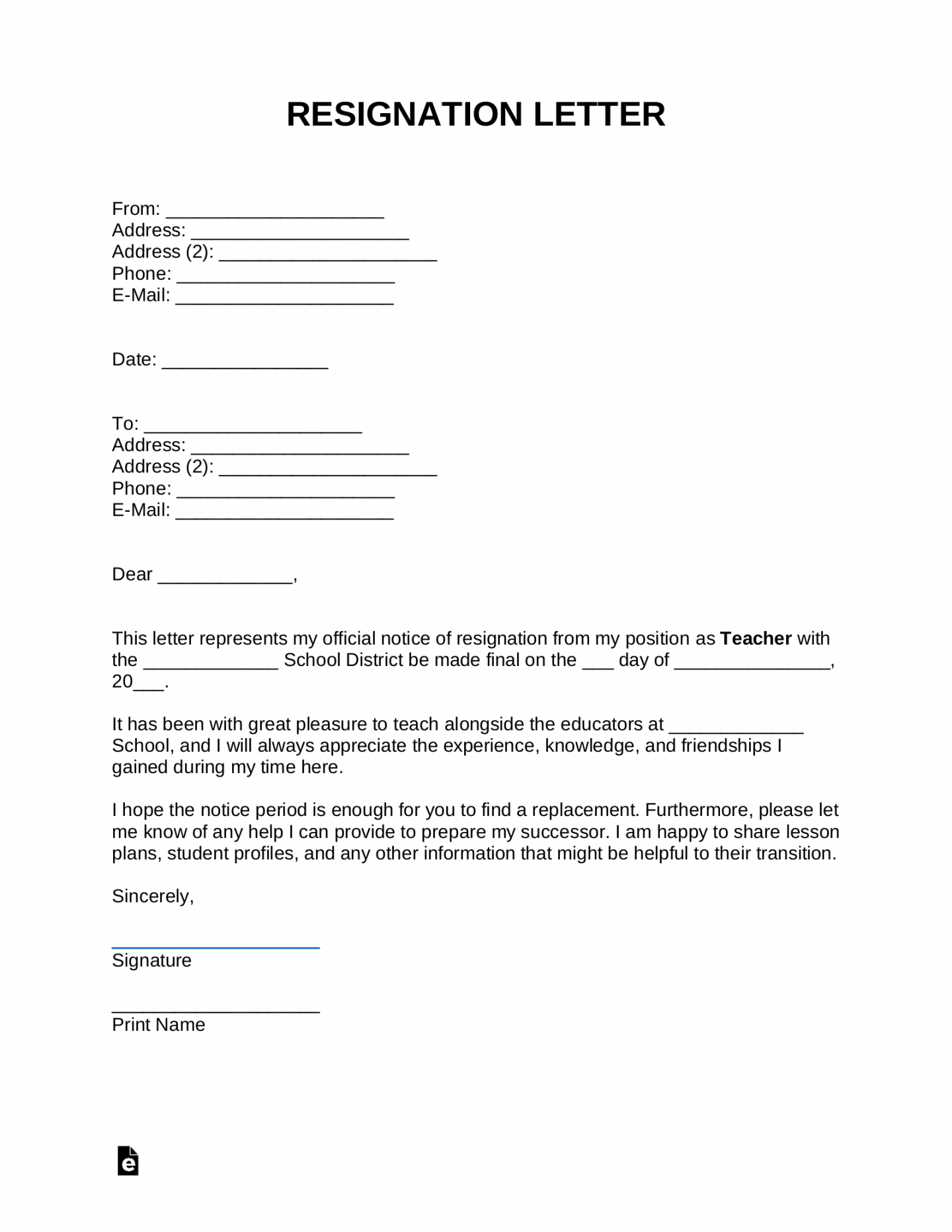 Free Resignation Letters  Templates () - PDF  Word – eForms