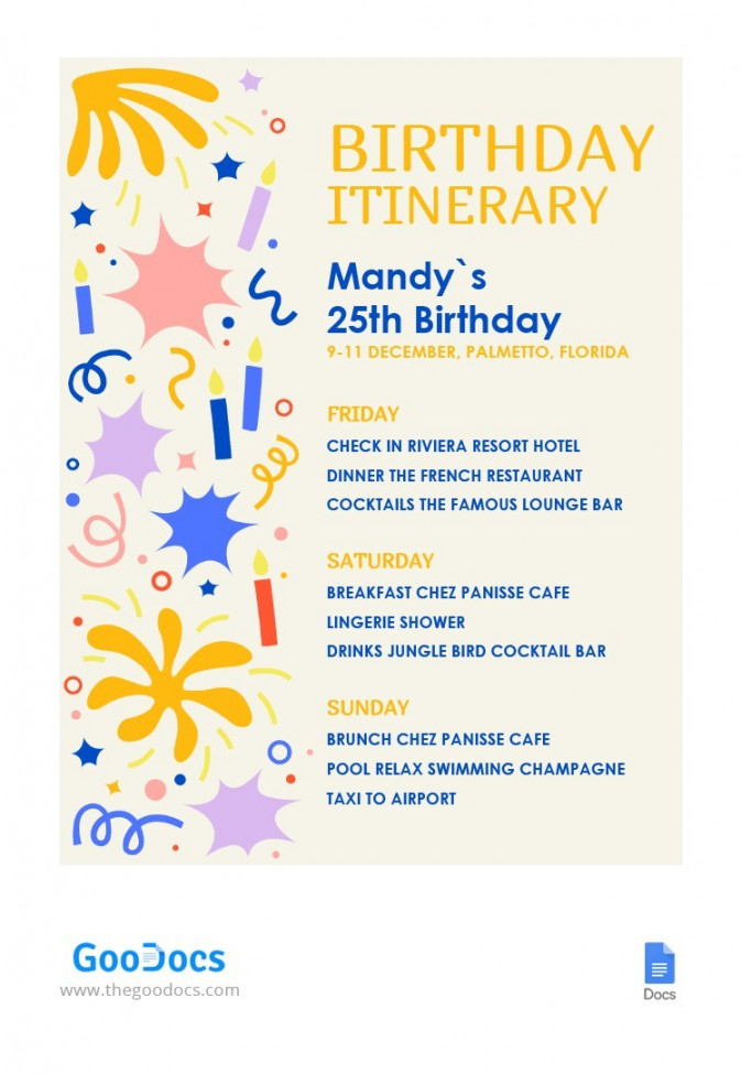 Free Vivid Birthday Itinerary Template In Google Docs