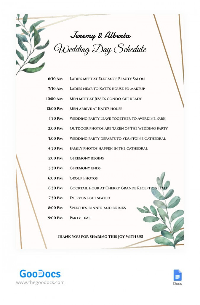 Free Wedding Day Schedule Template In Google Docs