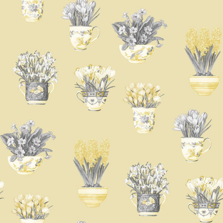 Fresh Kitchens  Flower Vases Wallpaper - FK - Yellow / Grey