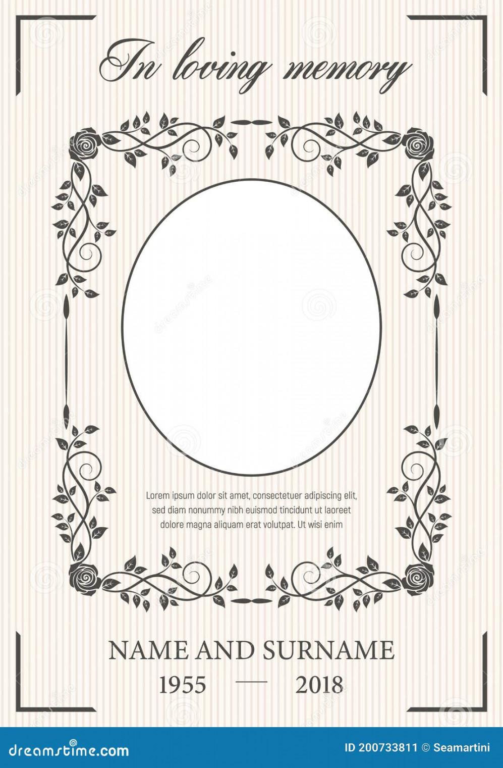 Funeral Card Vector Template, Oval Frame for Photo Stock Vector