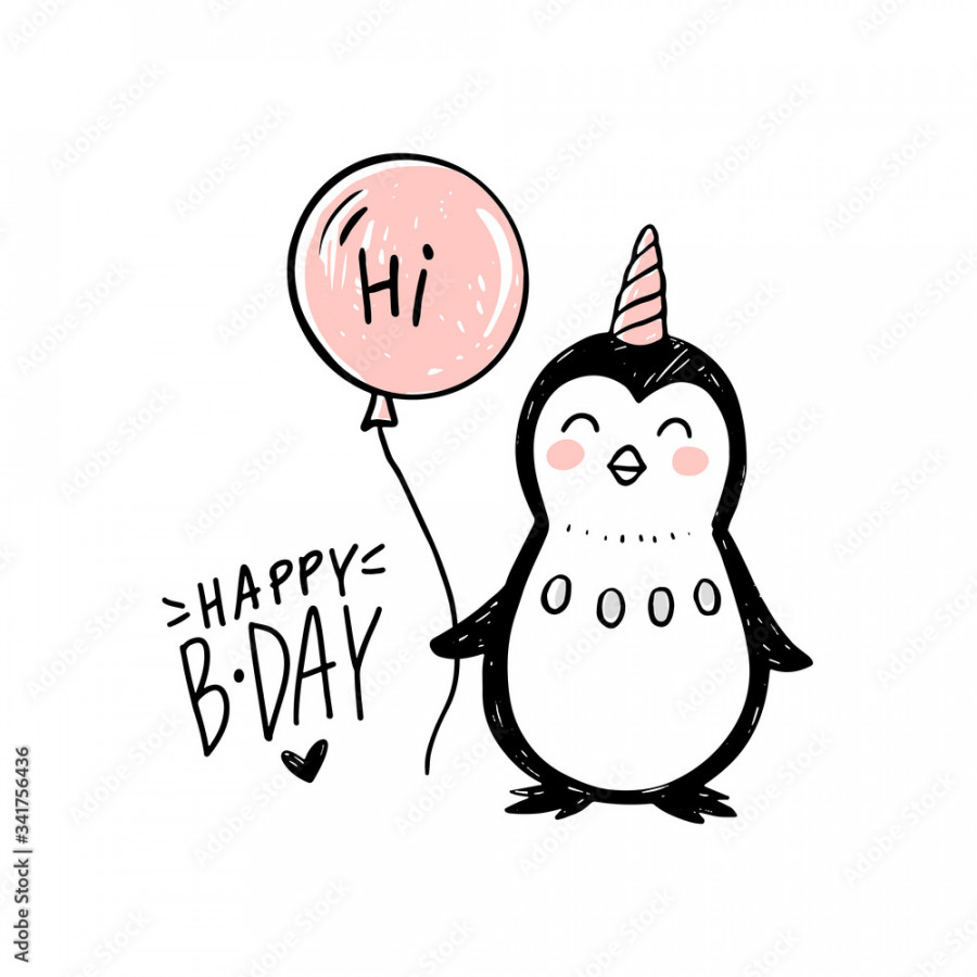 Happy Birthday greeting card with cute penguin, ballons and hand