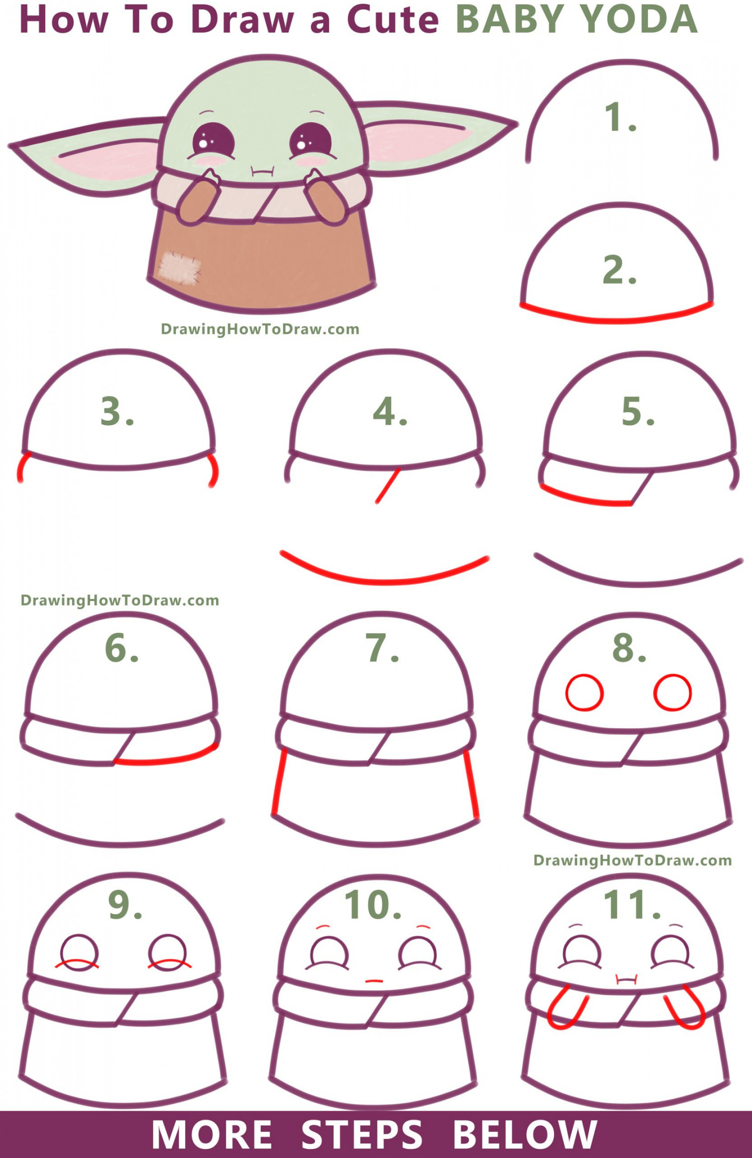 How to Draw a Cute Cartoon Baby Yoda (Kawaii / Chibi) Easy Step by