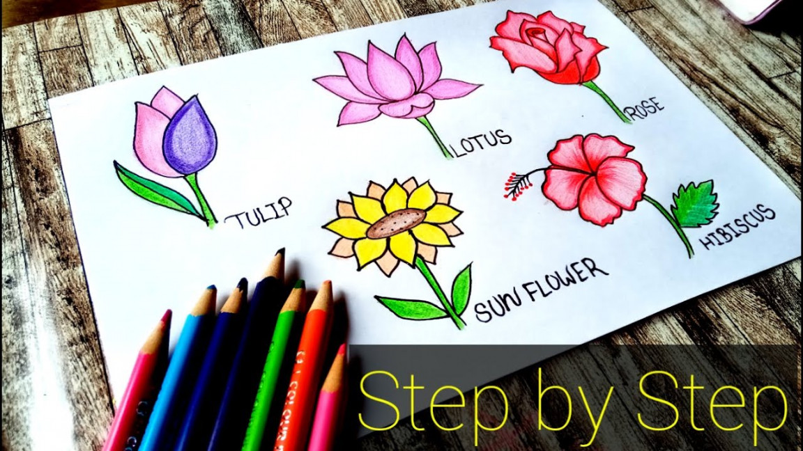 How To Draw A Five Flowers Step BY Step Easy Way / Tulip, Rose, Sun flower,  Lotus & Hibiscus / Draw