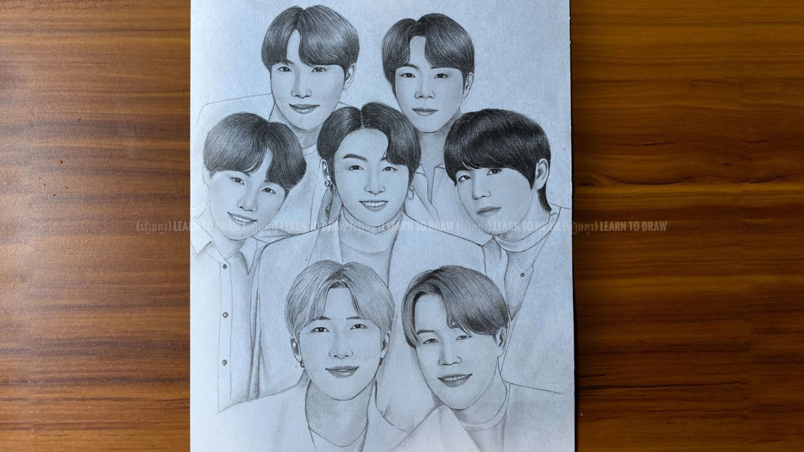 How to draw BTS all members in one sketch ep:   pencil sketch tutorials   easy drawing  រៀនគូរ