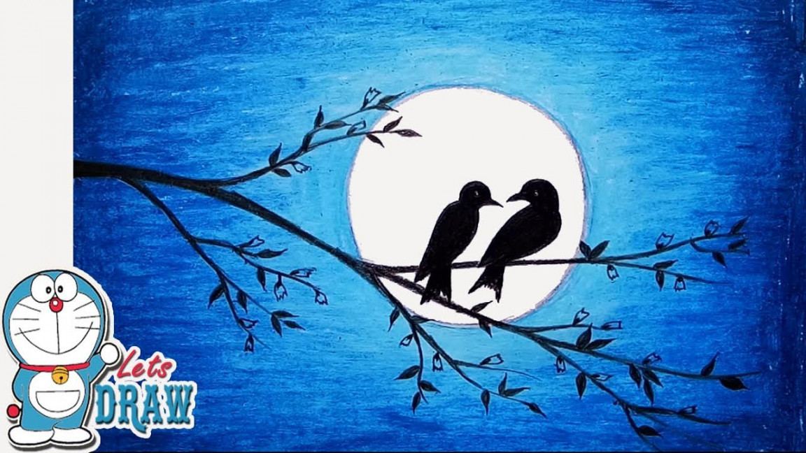 How to draw scenery of moonlight with oil pastel step by step