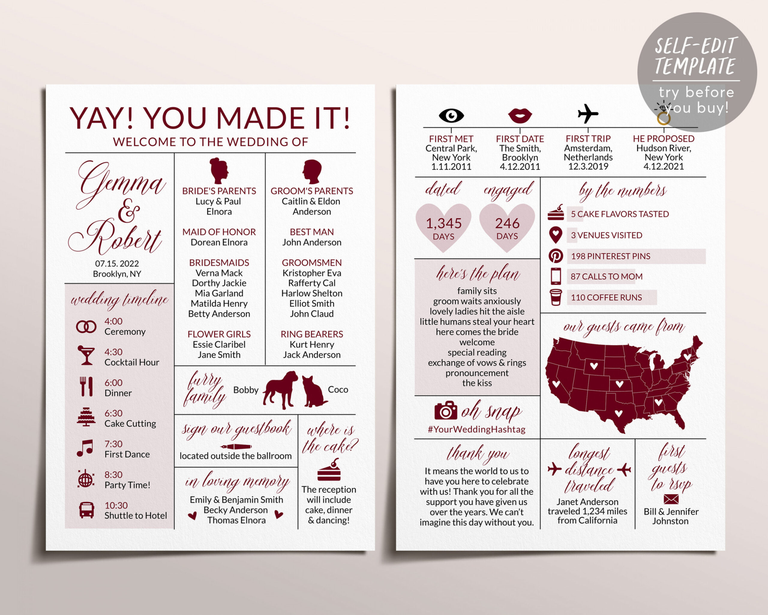 Infographic Wedding Program Template Burgundy Wedding - Etsy Finland