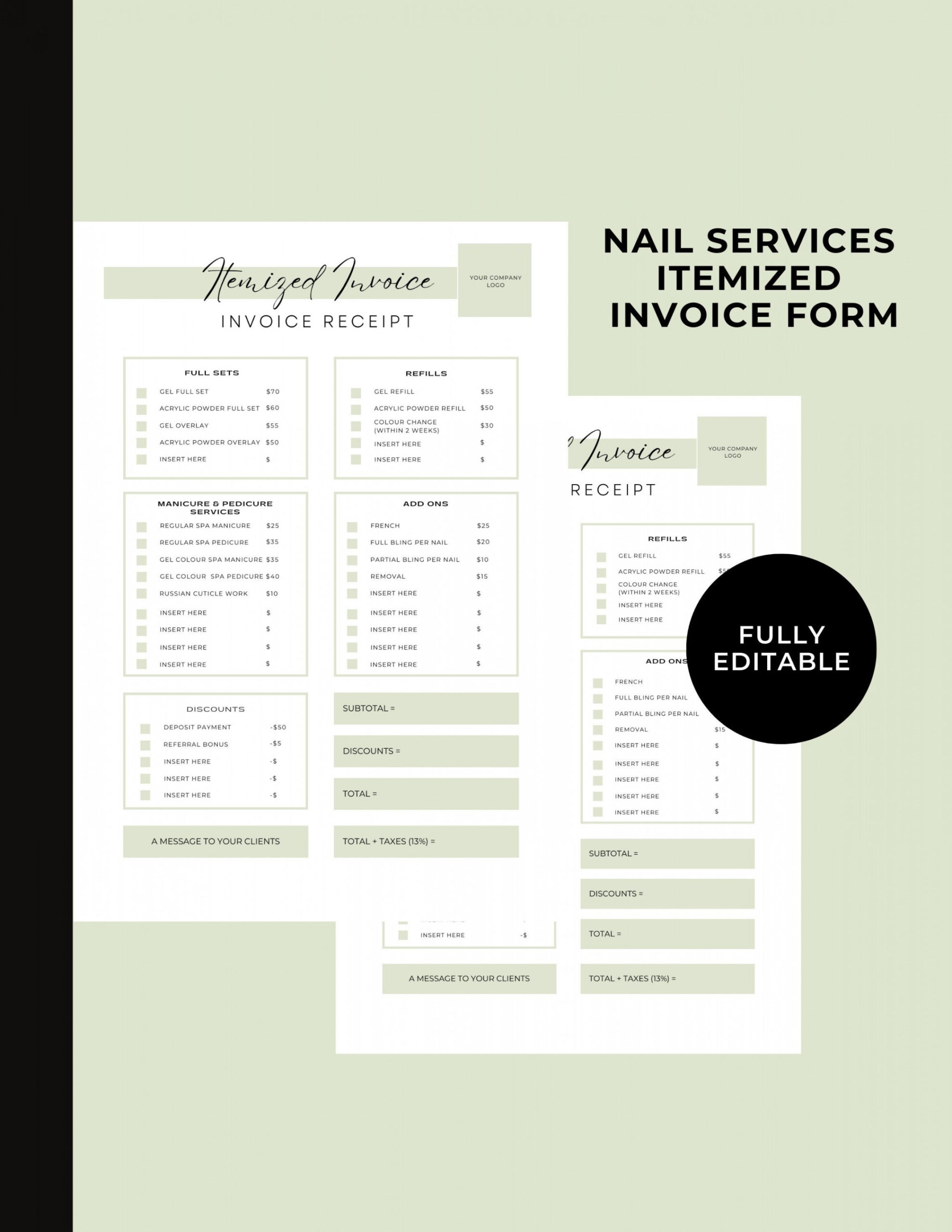 Itemized Nail Services Receipt Nail Technician Form Nail - Etsy