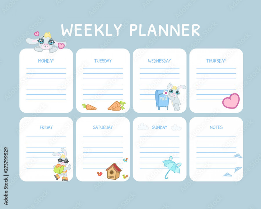 Kids Weekly Planner, Calendar Daily Light Blue Template, Organizer