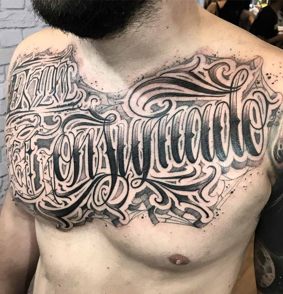 Lettering Tattoo on Chest  Tattoo lettering, Tattoos, Tattoo fonts