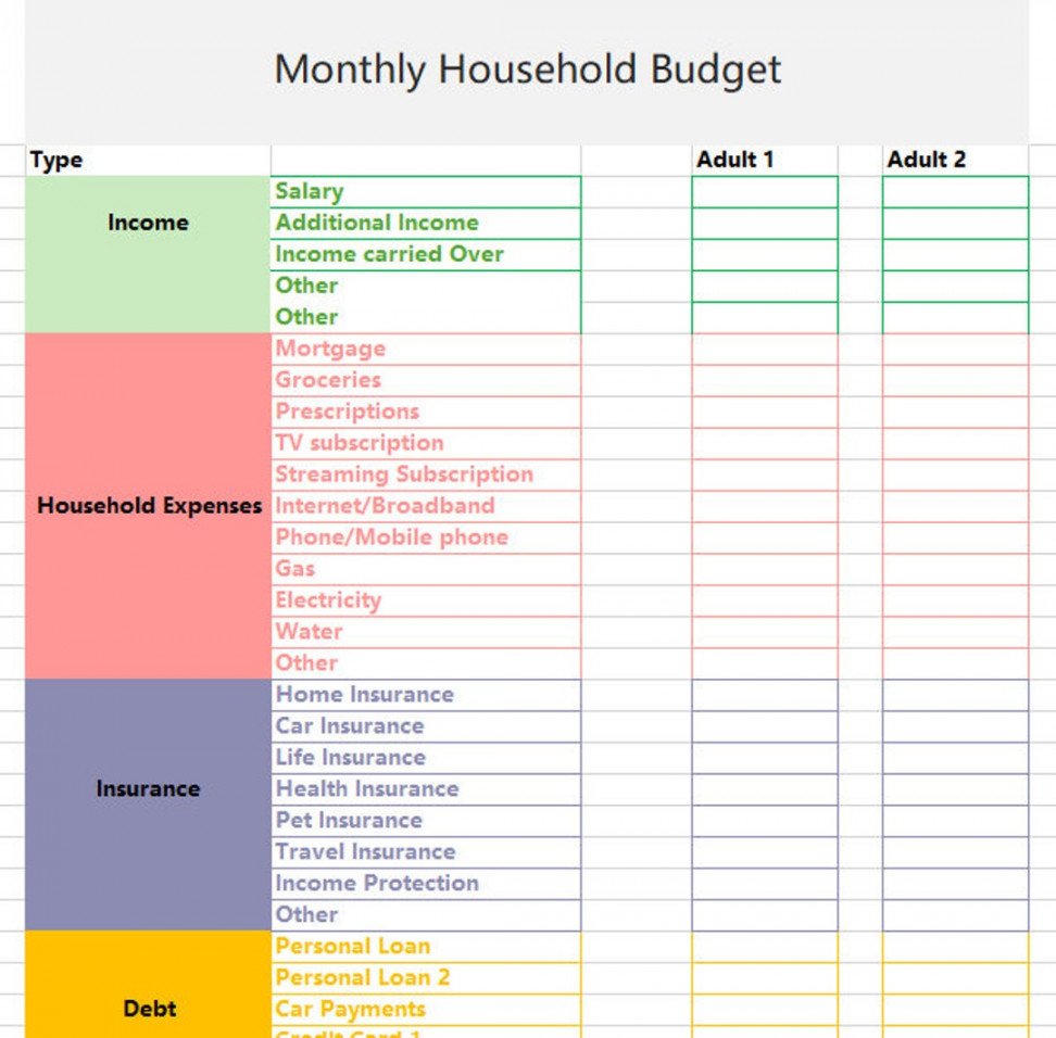 Monthly Household Budget Template