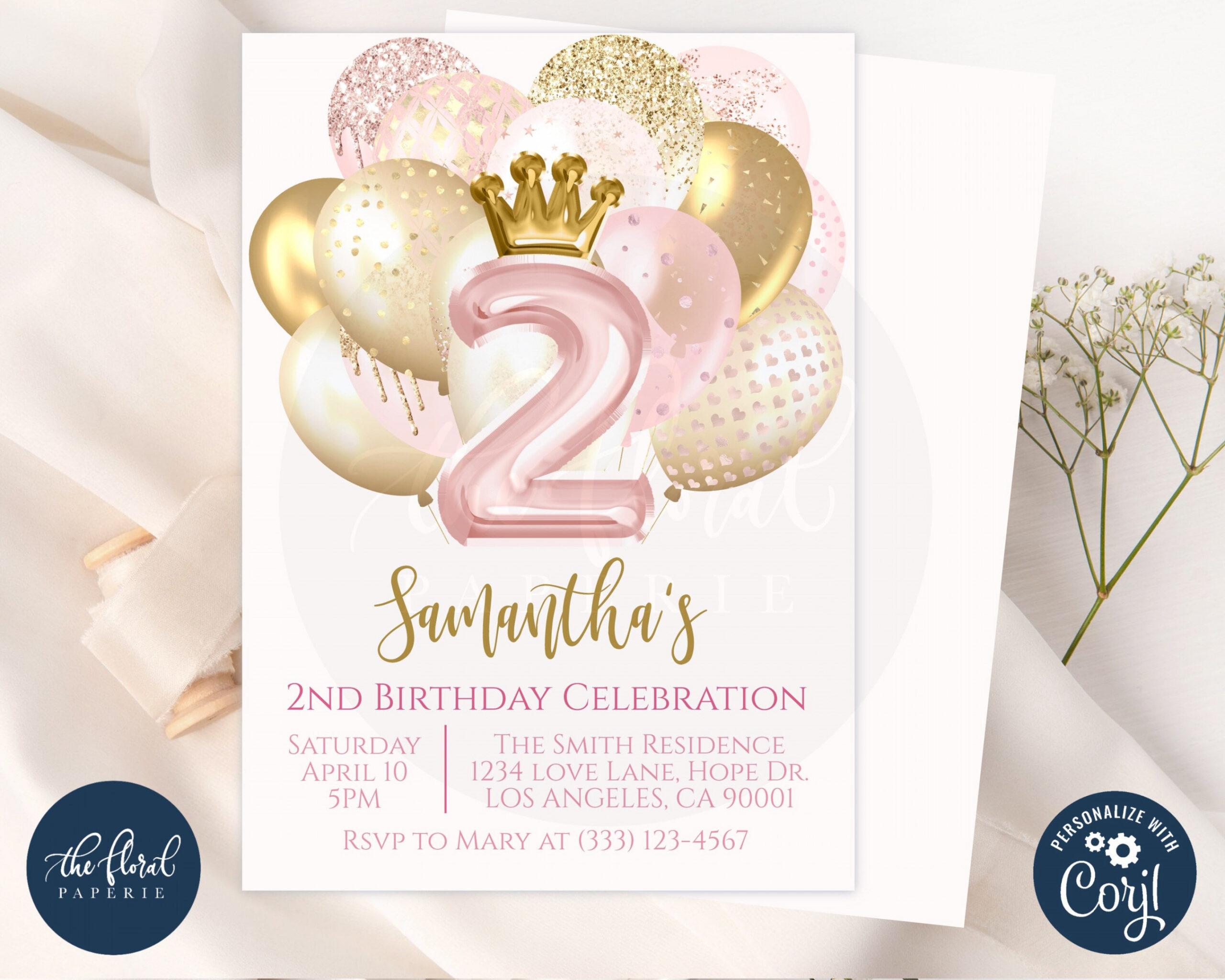 nd birthday invitation template editable blush and gold - Etsy