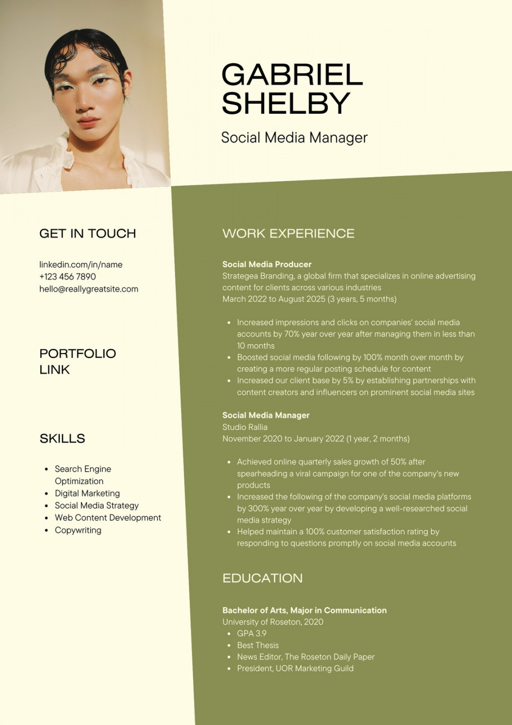 Olive Green Light Yellow Color Blocks Social Media Manager Resume