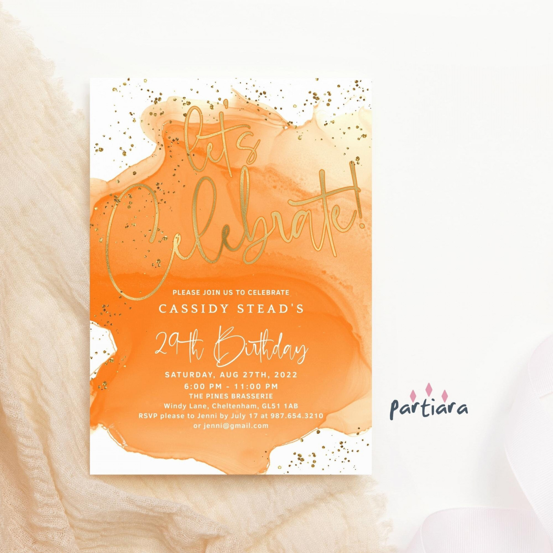 Orange Gold Birthday Invitation Printable Let