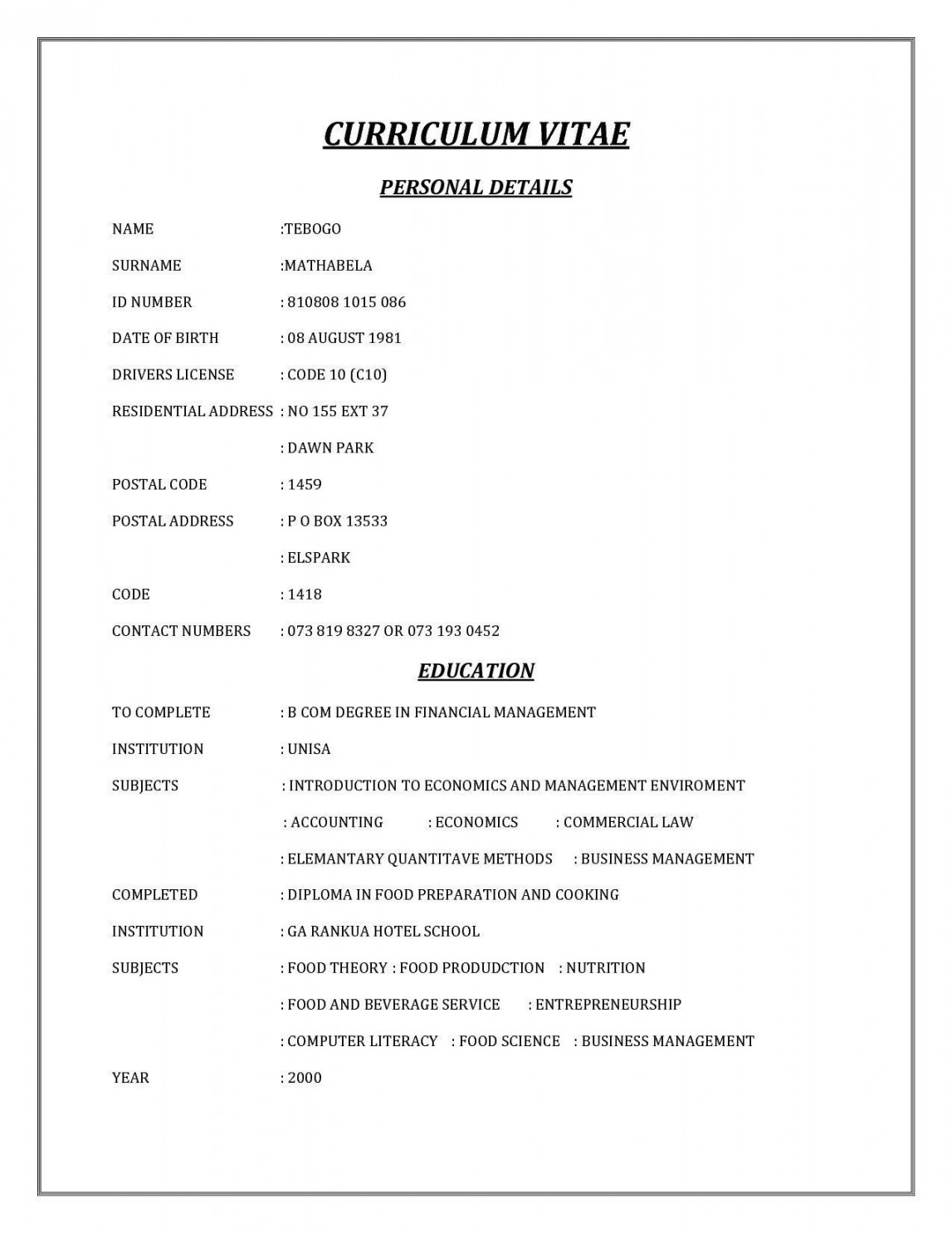 Page Cv Template South Africa - Resume Format  Cv template word