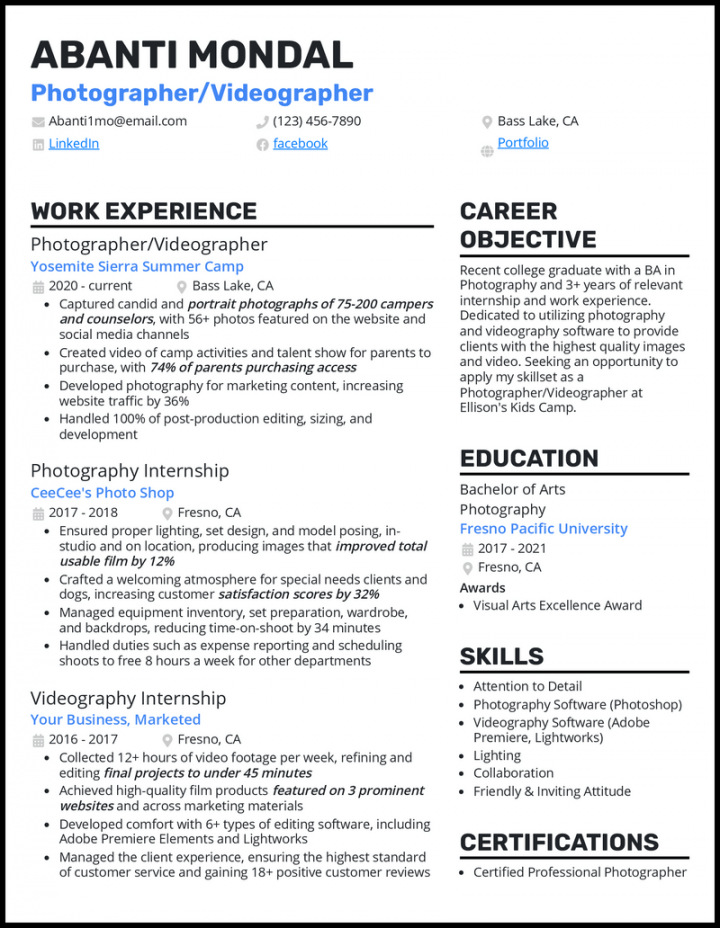 Photographer Videographer Resume Examples for 202