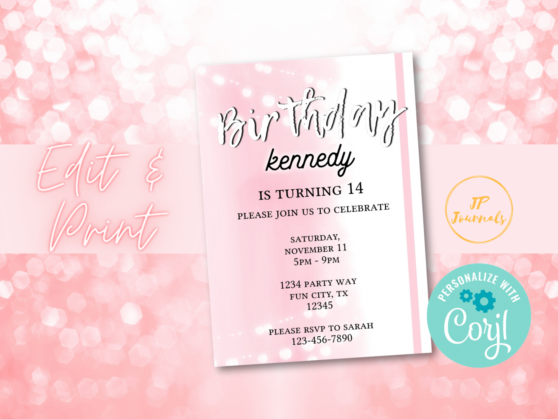 Pink Aesthetic Birthday Party Invitation for Girls, DIY Edit and