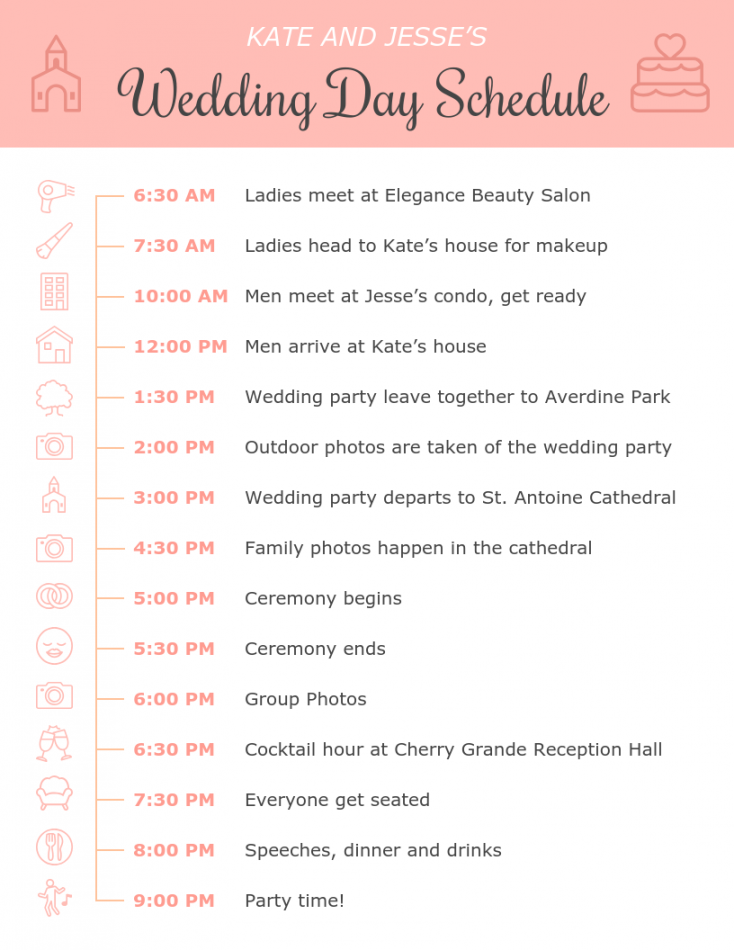 Pink Icon Wedding Day Schedule Template - Venngage