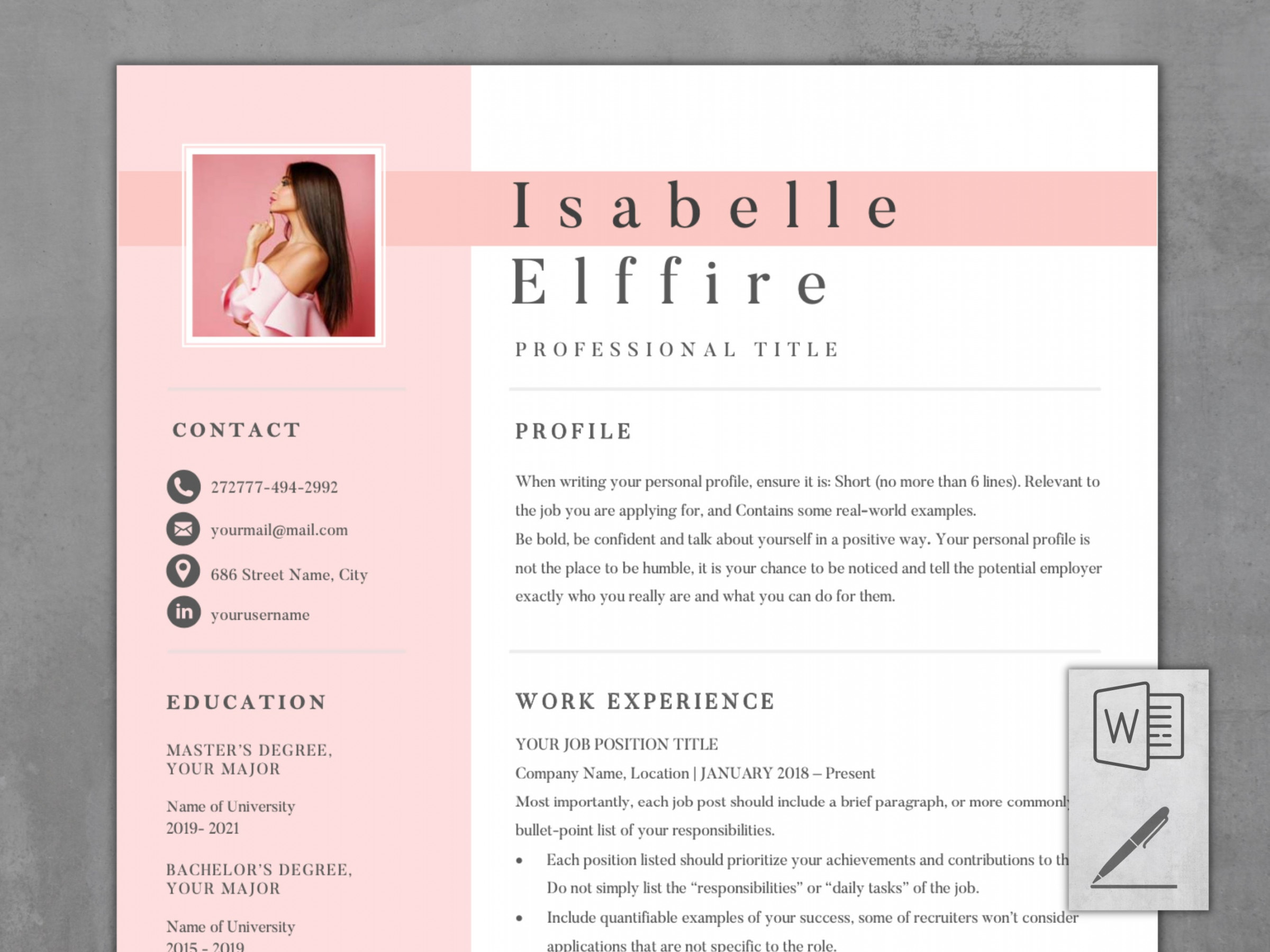 Pink Resume Template Word and Pages Resume Template Girl - Etsy