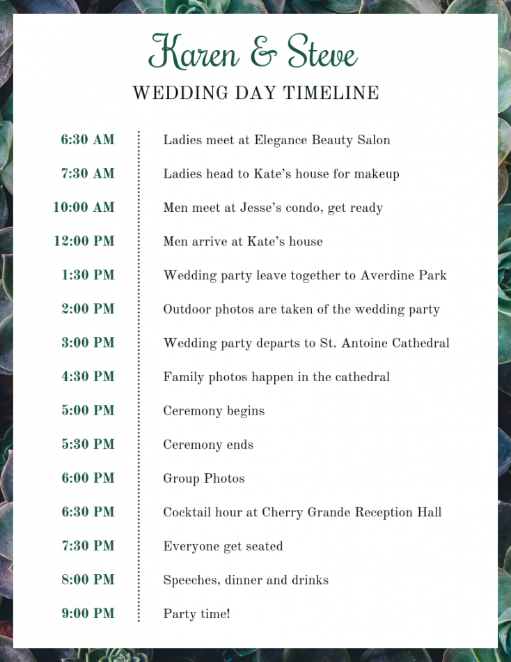 Plant Photo Wedding Day Timeline Template - Venngage