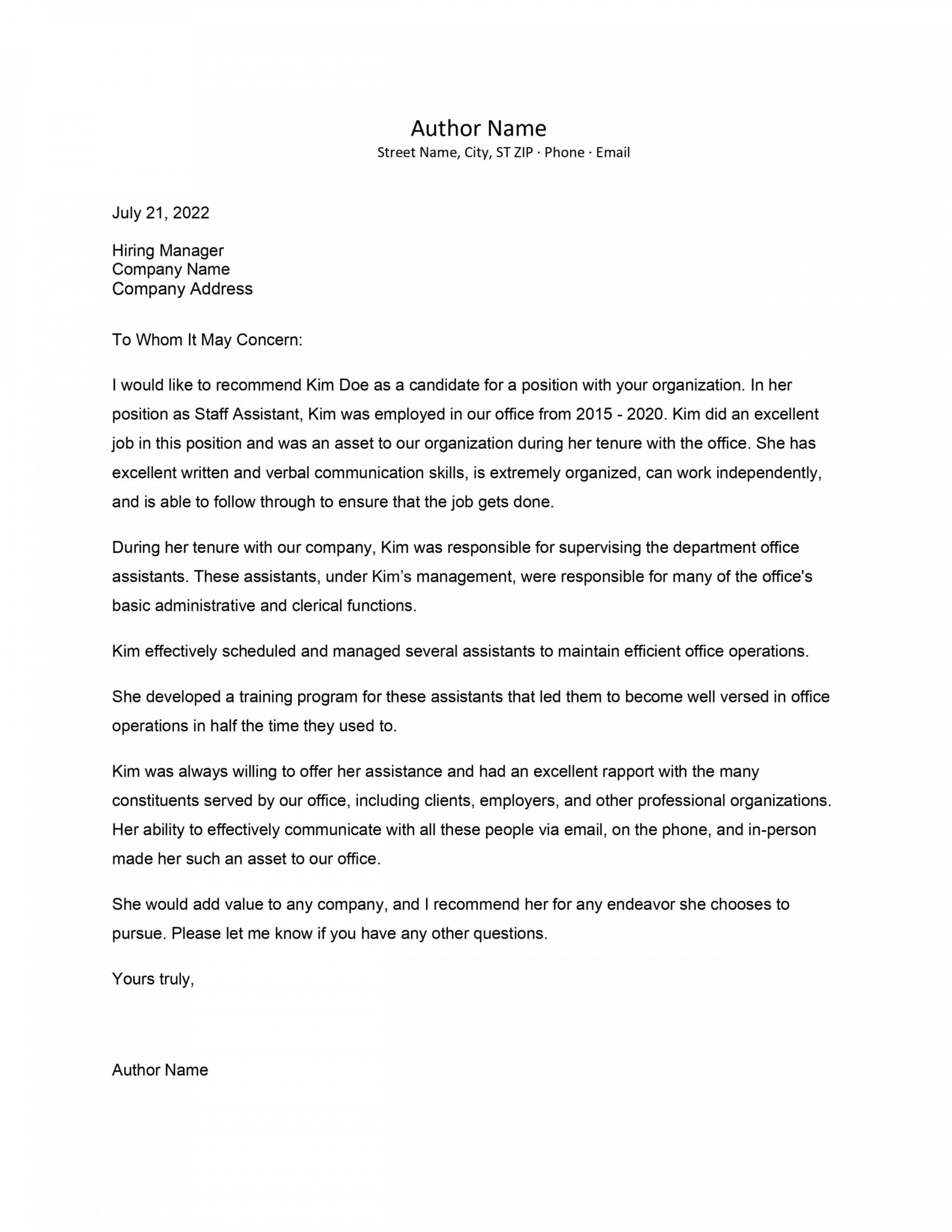 Professional Reference Letter Template