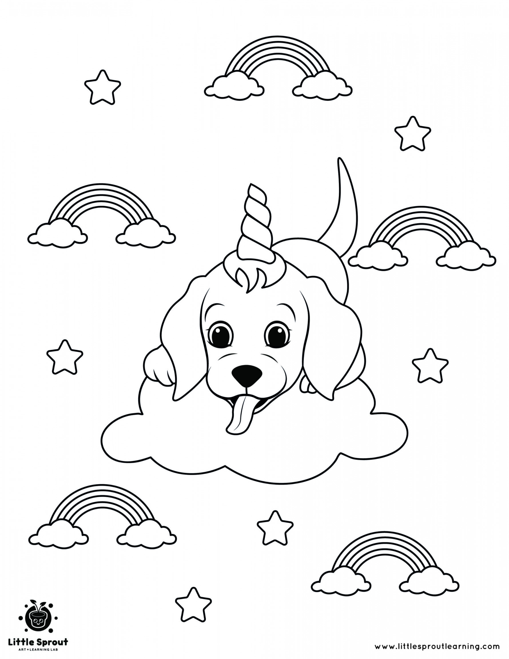 Rainbows And A Unicorn Dog Coloring Page - Little Sprout Art +