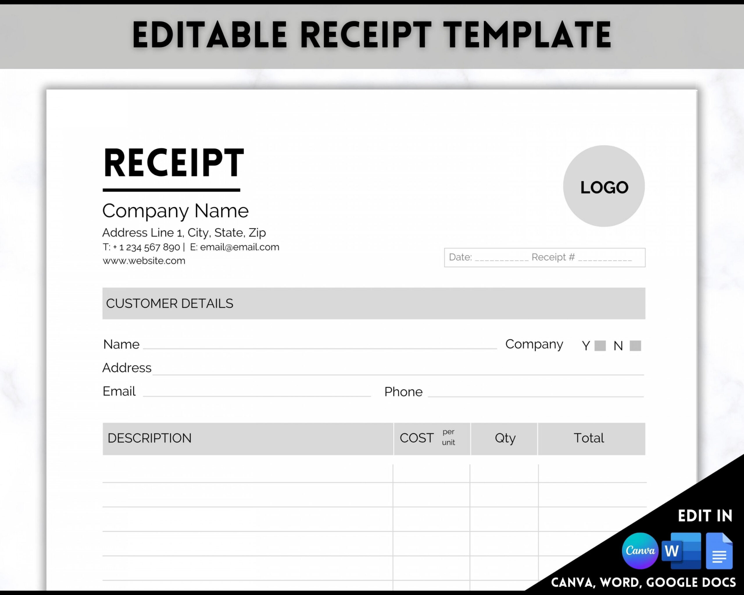 Receipt Template EDITABLE Receipt Form Small Business - Etsy