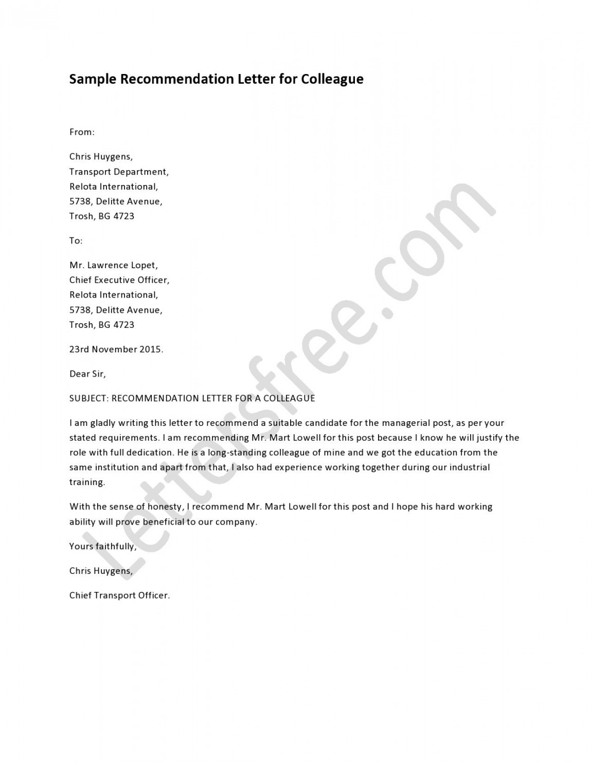 Recommendation Letter for Colleague - Free Letters  Reference